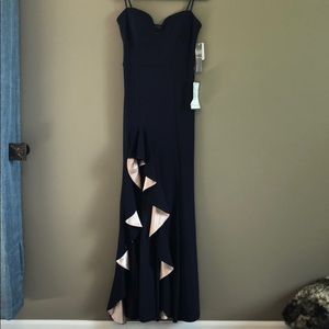 Strapless front ruffle asymmetrical evening gown